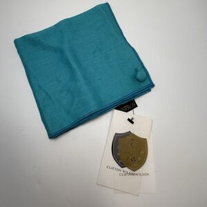 Clifton Wilson Turquoise 100% Linen Pocket Square With Button New